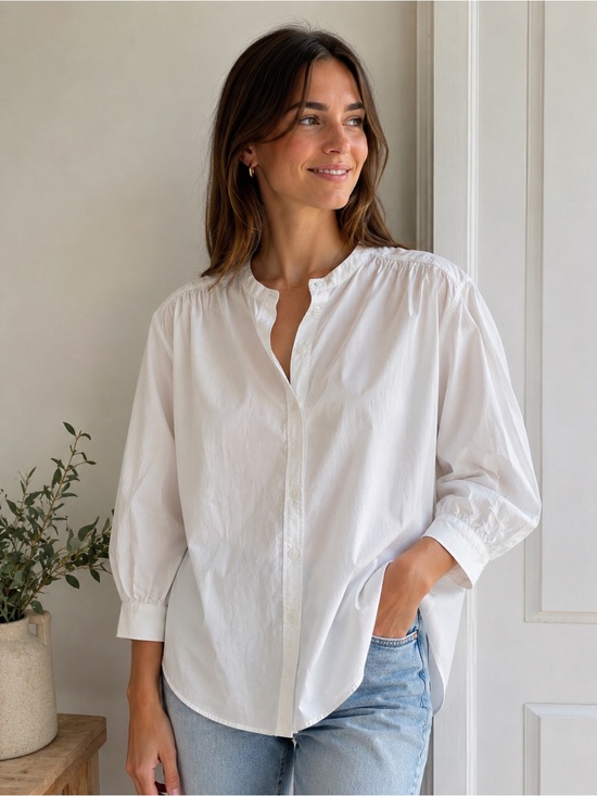 Boden Tops - Boden White Button-Down Puff-Sleeve Henley Shirt